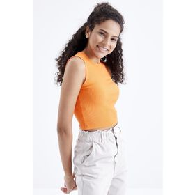 Tommy Life 97204 Oranj Basic Kolsuz O Yaka Kadın Crop Top Atlet