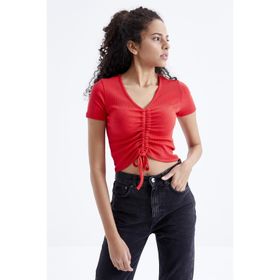 Tommy Life 97205 Büzgü Detaylı V Yaka Nar Çiçeği Kadın Crop Top T-Shirt