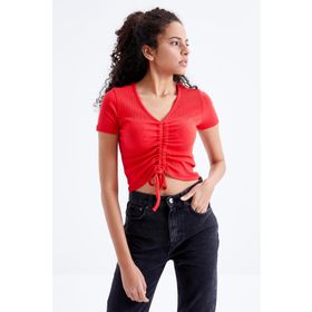 Tommy Life 97205 Büzgü Detaylı V Yaka Nar Çiçeği Kadın Crop Top T-Shirt