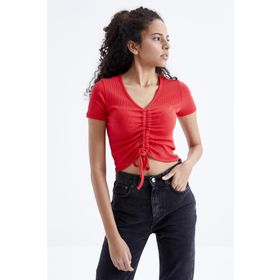 Tommy Life 97205 Büzgü Detaylı V Yaka Nar Çiçeği Kadın Crop Top T-Shirt