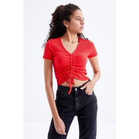 Tommy Life 97205 Büzgü Detaylı V Yaka Nar Çiçeği Kadın Crop Top T-Shirt