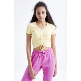 Tommy Life 97205 Büzgü Detaylı V Yaka Sarı Kadın Crop Top T-Shirt
