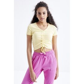 Tommy Life 97205 Büzgü Detaylı V Yaka Sarı Kadın Crop Top T-Shirt