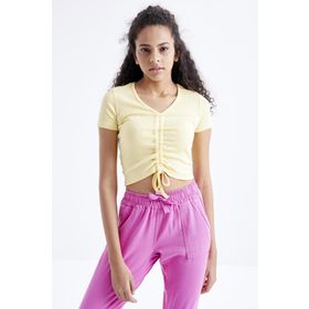 Tommy Life 97205 Büzgü Detaylı V Yaka Sarı Kadın Crop Top T-Shirt