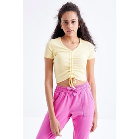Tommy Life 97205 Büzgü Detaylı V Yaka Sarı Kadın Crop Top T-Shirt