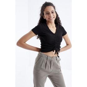 Tommy Life 97205 Büzgü Detaylı V Yaka Siyah Kadın Crop Top T-Shirt