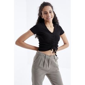 Tommy Life 97205 Büzgü Detaylı V Yaka Siyah Kadın Crop Top T-Shirt