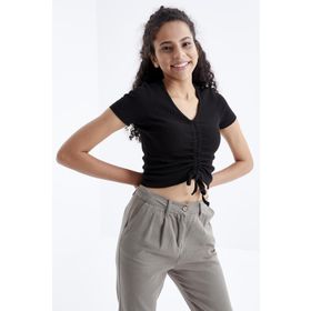Tommy Life 97205 Büzgü Detaylı V Yaka Siyah Kadın Crop Top T-Shirt