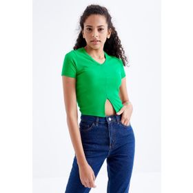 Tommy Life 97206 Basic Önü Yırtmaçlı V Yaka Yeşil Kadın Crop Top T-Shirt