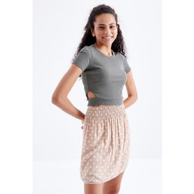 Tommy Life 97207 Basic Yanı Pencereli O Yaka Çağla Yeşili Kadın Crop Top T-Shirt