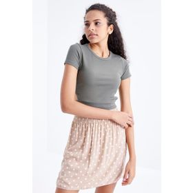 Tommy Life 97207 Basic Yanı Pencereli O Yaka Çağla Yeşili Kadın Crop Top T-Shirt