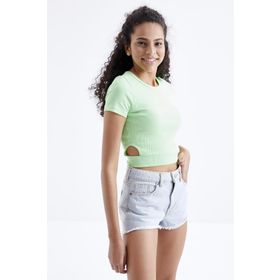 Tommy Life 97207 Basic Yanı Pencereli O Yaka Fıstık Yeşil Kadın Crop Top T-Shirt