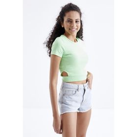 Tommy Life 97207 Basic Yanı Pencereli O Yaka Fıstık Yeşil Kadın Crop Top T-Shirt