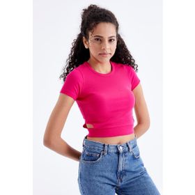 Tommy Life 97207 Basic Yanı Pencereli O Yaka Fuşya Kadın Crop Top T-Shirt