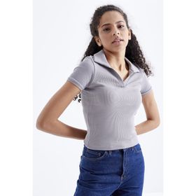 Tommy Life 97208 Polo Yaka Basic Kısa Kollu Gri Kadın Crop Top T-Shirt