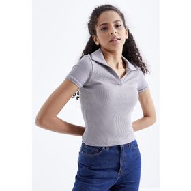 Tommy Life 97208 Polo Yaka Basic Kısa Kollu Gri Kadın Crop Top T-Shirt