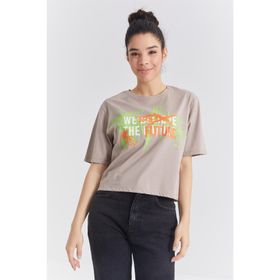 Tommy Life 97212 Renkli Yazı Baskılı O Yaka Koyu Bej Kadın Oversize T-Shirt