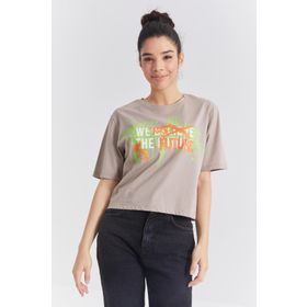 Tommy Life 97212 Renkli Yazı Baskılı O Yaka Koyu Bej Kadın Oversize T-Shirt