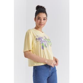 Tommy Life 97212 Renkli Yazı Baskılı O Yaka Sarı Kadın Oversize T-Shirt