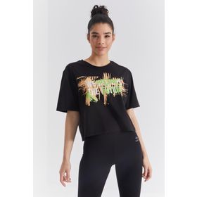 Tommy Life 97212 Renkli Yazı Baskılı O Yaka Siyah Kadın Oversize T-Shirt