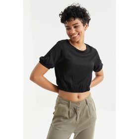 Tommy Life 97221 Balon Kol O Yaka Beli Lastikli Bürümcük Kumaş Siyah Kadın Crop Top T-Shirt