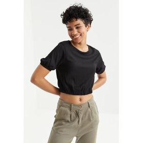 Tommy Life 97221 Balon Kol O Yaka Beli Lastikli Bürümcük Kumaş Siyah Kadın Crop Top T-Shirt