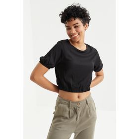 Tommy Life 97221 Balon Kol O Yaka Beli Lastikli Bürümcük Kumaş Siyah Kadın Crop Top T-Shirt