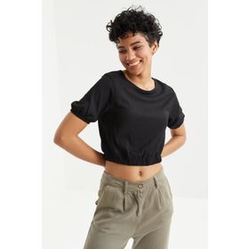 Tommy Life 97221 Balon Kol O Yaka Beli Lastikli Bürümcük Kumaş Siyah Kadın Crop Top T-Shirt