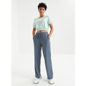 Tommy Life 97221 Balon Kol O Yaka Beli Lastikli Bürümcük Kumaş Su Yeşili Kadın Crop Top T-Shirt