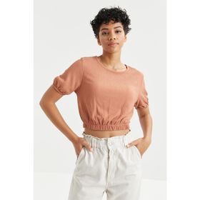 Tommy Life 97221 Balon Kol O Yaka Beli Lastikli Bürümcük Kumaş Tarçın Kadın Crop Top T-Shirt