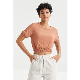 Tommy Life 97221 Balon Kol O Yaka Beli Lastikli Bürümcük Kumaş Tarçın Kadın Crop Top T-Shirt