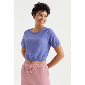 Tommy Life 97221 Eflatun Balon Kol O Yaka Beli Lastikli Bürümcük Kumaş Kadın Crop Top T-shirt