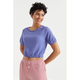 Tommy Life 97221 Eflatun Balon Kol O Yaka Beli Lastikli Bürümcük Kumaş Kadın Crop Top T-shirt