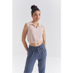 Tommy Life 97223 Polo Yaka Beli Lastikli Bürümcük Kumaş Somon Kadın Crop Top T-Shirt
