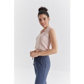 Tommy Life 97223 Polo Yaka Beli Lastikli Bürümcük Kumaş Somon Kadın Crop Top T-Shirt