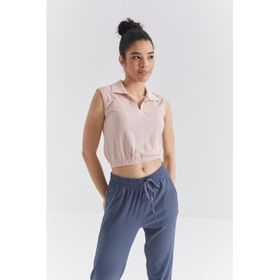 Tommy Life 97223 Polo Yaka Beli Lastikli Bürümcük Kumaş Somon Kadın Crop Top T-Shirt