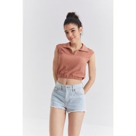 Tommy Life 97223 Tarçın Basic Polo Yaka Beli Lastikli Kadın Crop Top T-Shirt