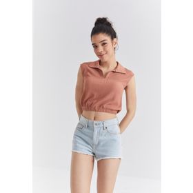 Tommy Life 97223 Tarçın Basic Polo Yaka Beli Lastikli Kadın Crop Top T-Shirt