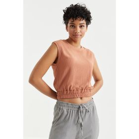 Tommy Life 97226 O Yaka Kolsuz Beli Lastikli Bürümcük Kumaş Tarçın Kadın Crop Top T-Shirt