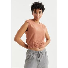 Tommy Life 97226 O Yaka Kolsuz Beli Lastikli Bürümcük Kumaş Tarçın Kadın Crop Top T-Shirt
