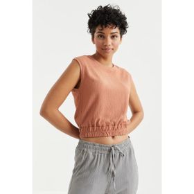 Tommy Life 97226 O Yaka Kolsuz Beli Lastikli Bürümcük Kumaş Tarçın Kadın Crop Top T-Shirt