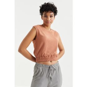 Tommy Life 97226 O Yaka Kolsuz Beli Lastikli Bürümcük Kumaş Tarçın Kadın Crop Top T-Shirt