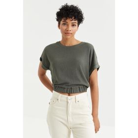 Tommy Life 97227 Basic O Yaka Beli Lastikli Bürümcük Kumaş Çağla Yeşili Kadın Crop Top T-Shirt