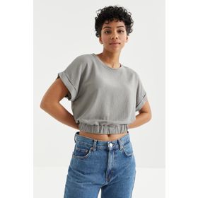 Tommy Life 97227 Basic O Yaka Beli Lastikli Bürümcük Kumaş Gri Kadın Crop Top T-Shirt