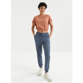 Tommy Life 97227 Basic O Yaka Beli Lastikli Bürümcük Kumaş Tarçın Kadın Crop Top T-Shirt