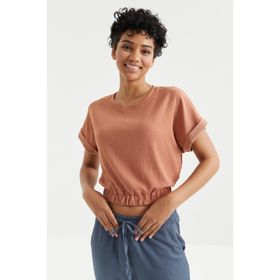 Tommy Life 97227 Basic O Yaka Beli Lastikli Bürümcük Kumaş Tarçın Kadın Crop Top T-Shirt