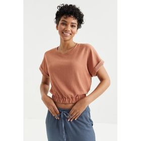 Tommy Life 97227 Basic O Yaka Beli Lastikli Bürümcük Kumaş Tarçın Kadın Crop Top T-Shirt