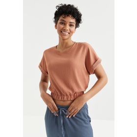 Tommy Life 97227 Basic O Yaka Beli Lastikli Bürümcük Kumaş Tarçın Kadın Crop Top T-Shirt