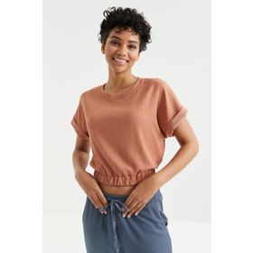 Tommy Life 97227 Basic O Yaka Beli Lastikli Bürümcük Kumaş Tarçın Kadın Crop Top T-Shirt