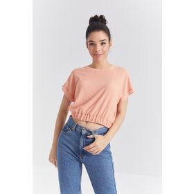 Tommy Life 97227 Kavun İçi Basic O Yaka Beli Lastikli Bürümcük Kumaş Crop Top Kadın T-shirt